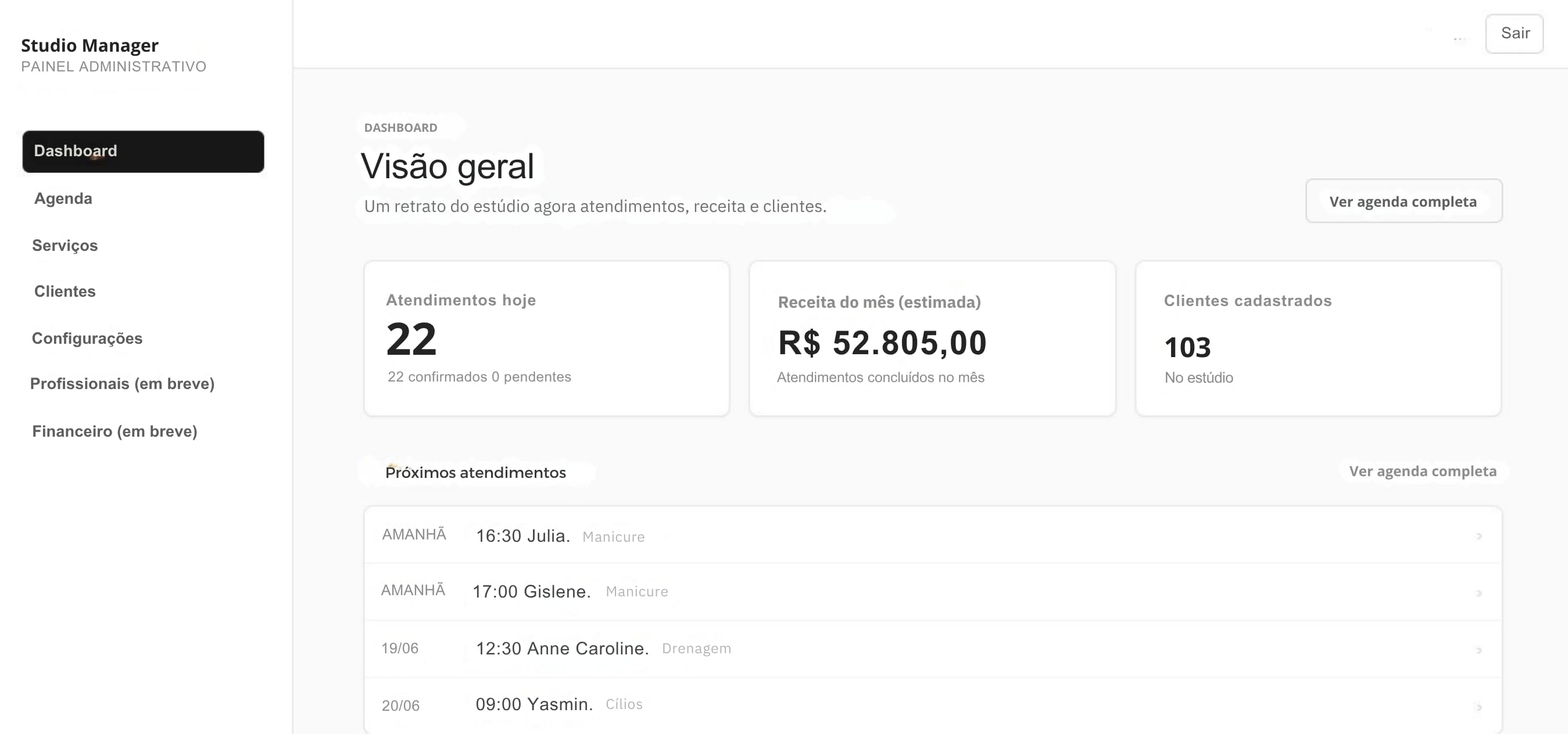 Dashboard administrativo do Studio Manager