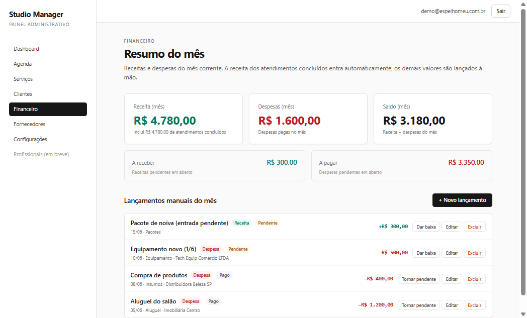 Tela de controle financeiro do Studio Manager